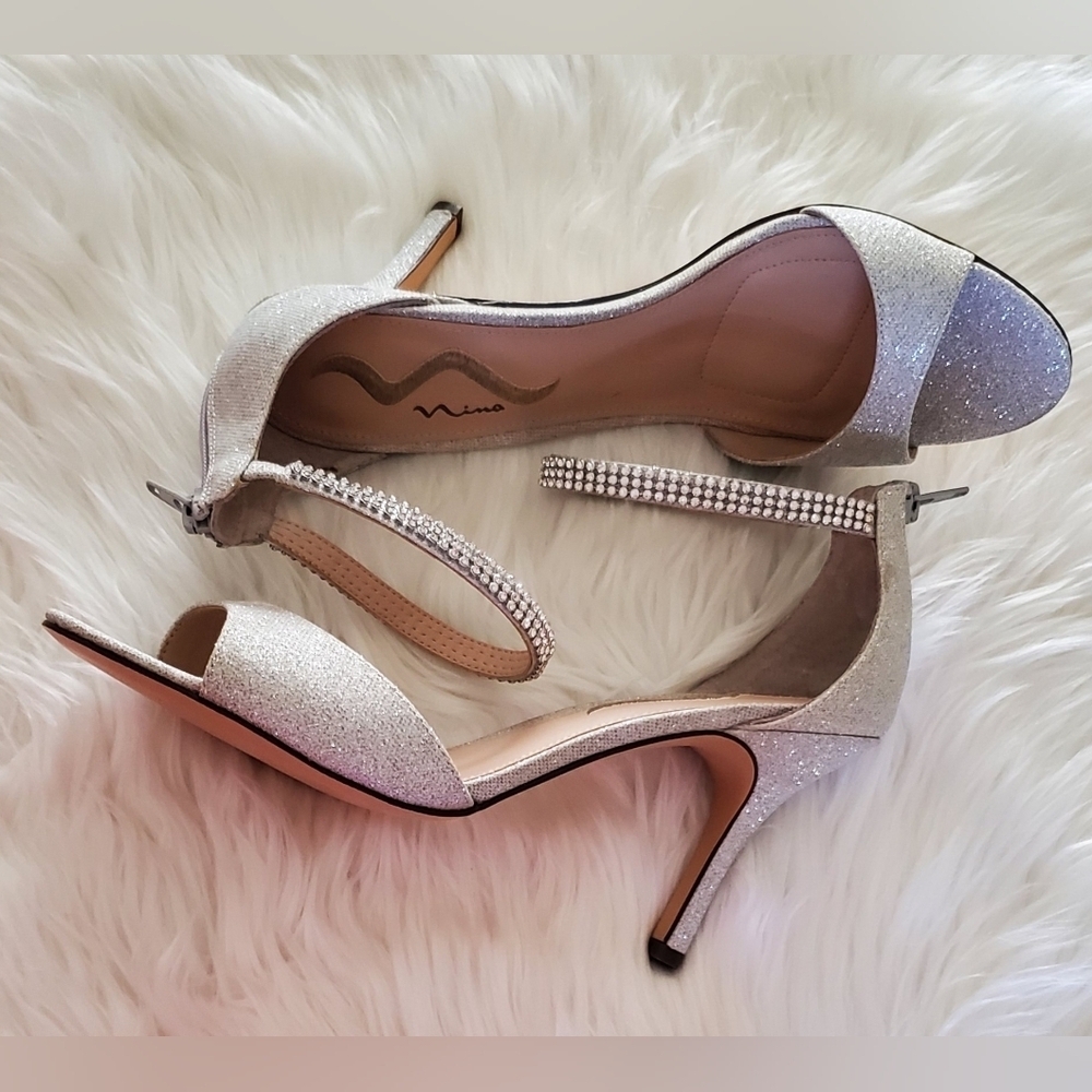 Nina Varetta Silver Bliss Heels with Glitter Sparkle Rhinestone Open Toe Size 10 - Picture 2 of 8